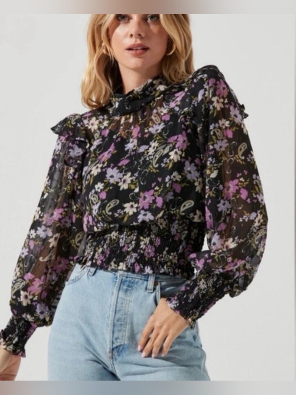 Astr The Label - Colorful Floral Sheer Lined Long Sleeve Smocked Blouse SZ Large